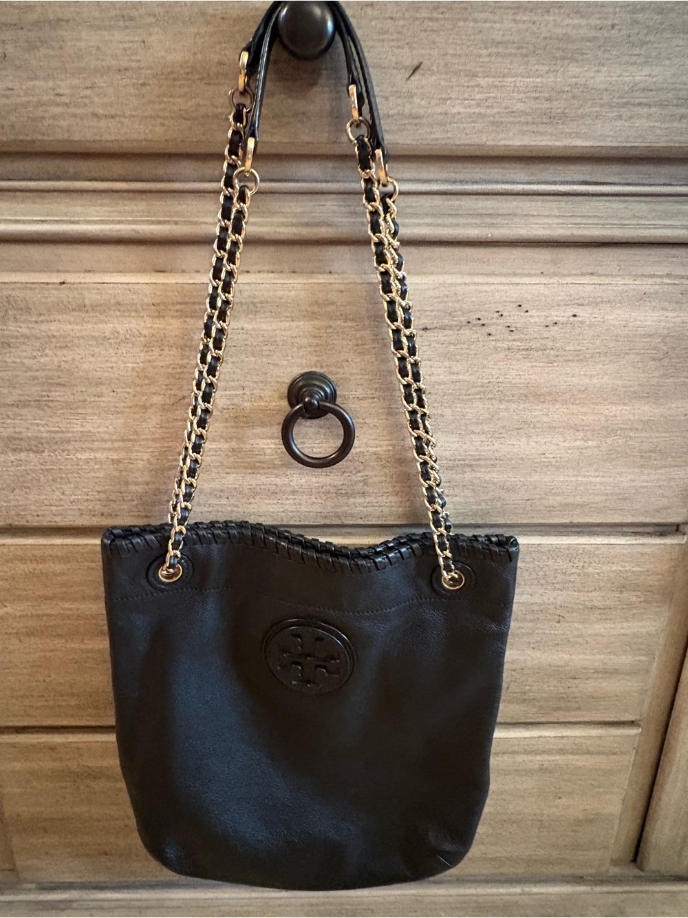 Tory Burch Black Pebbled Leather Whipstitch Chain Shoulder Bag
